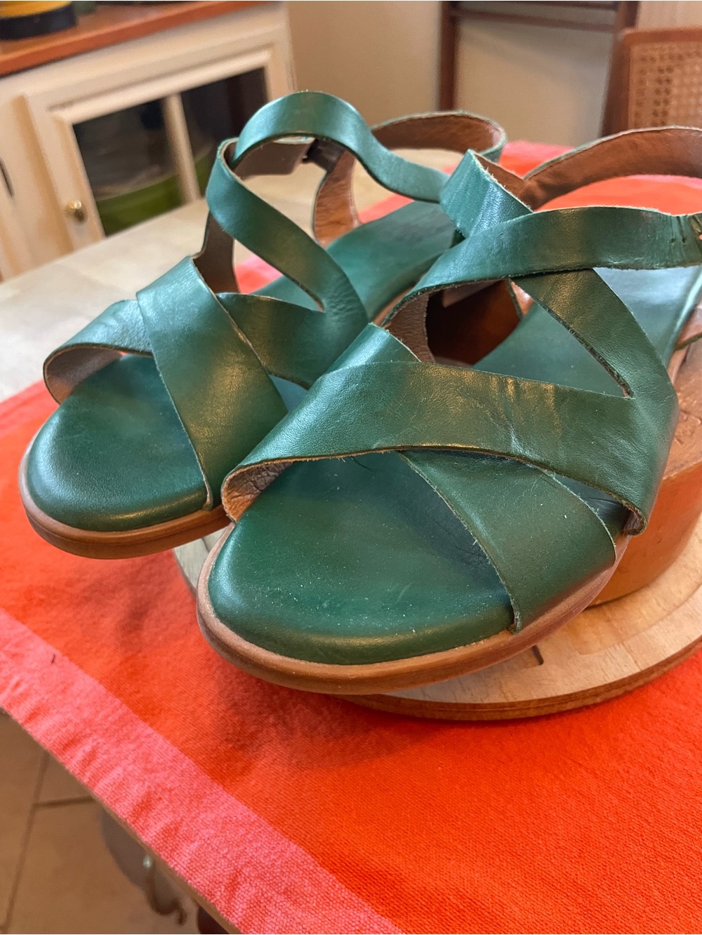 Miz Mooz Emerald Green Leather Crisscross Wedge Sandals Size 9